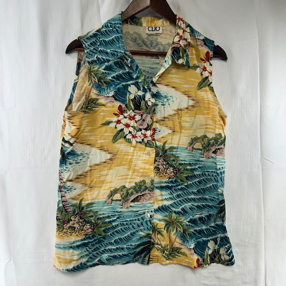 Clio Tropical Beach Print Top Womens Large Yellow Sleeveless Rayon Button Up